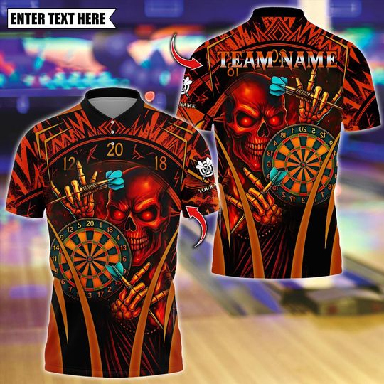 Discover Personalized Name Dart Polo Shirt, Skull With Dartboard Design ,Custom Team Shirt for Men, Gift for Darts Players