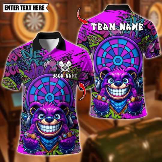 Discover Personalized Name Dart Polo Shirt, Darts Gangster Bear Design ,Custom Team Shirt for Men, Gift for Darts Players