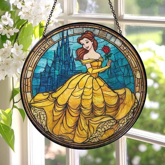Discover Disney Belle Princess Stained Glass Suncatcher, Belle Princess Window Hanging, Belle Princess Suncatcher, Disney Belle Decor ID-1227-NVRC