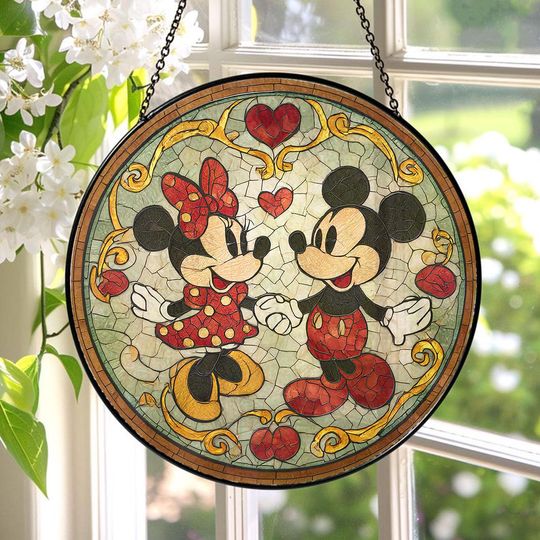 Discover Disney Mickey Mouse Couple Stained Glass Suncatcher, Disney Mouse Couple Window Hanging, Disney Mouse Suncatcher, Disney Decor