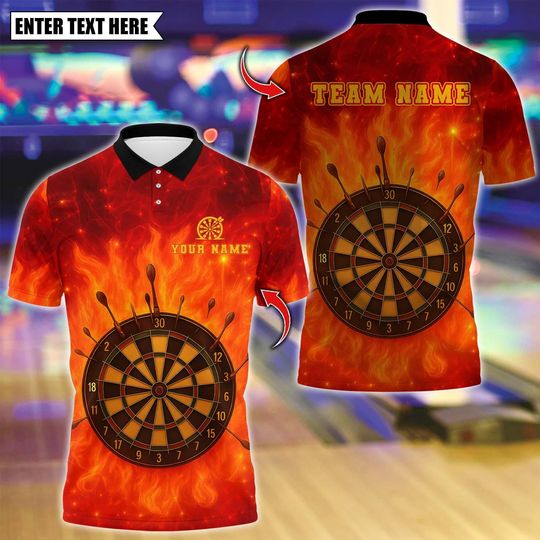Discover Personalized Name Dart Polo Shirt, Flame Dart Board Design ,Custom Team Shirt for Men, Gift for Darts Players