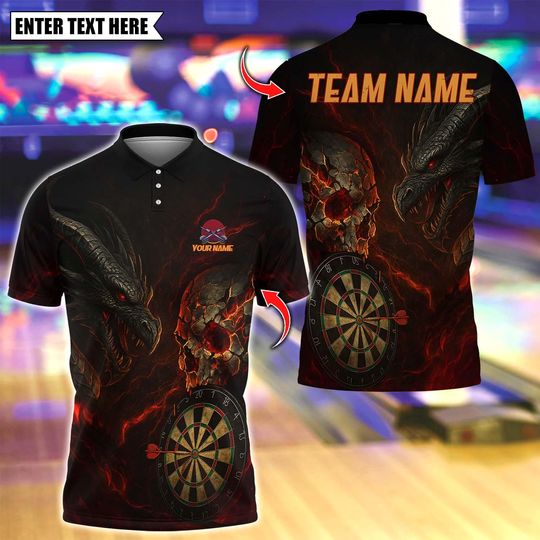 Discover Personalized Name Dart Polo Shirt, Dark Vibes Mystery Skull Design ,Custom Team Shirt for Men, Gift for Darts Players