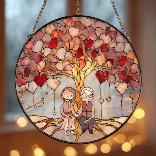 Couple Heart Tree Stained Glass Suncatcher, Anniversary Gift
