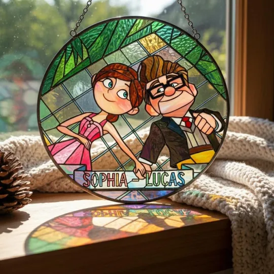 Discover Personalized Cartoon Couple Stained Glass Suncatcher, Cute Love Decor