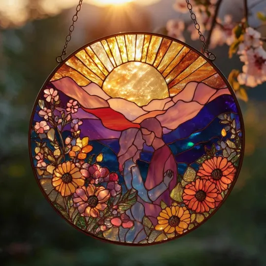 Discover Couple Embrace Glass Suncatcher, Sunset Floral Decor