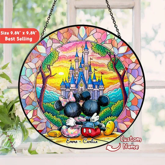 Discover Personalized Mickey Mouse Stained Glass Suncatcher, Custom Couple Name Disney