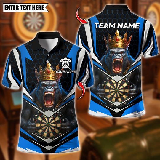 Discover Personalized Name Dart Polo Shirt, King Gorilla Dartboard Design ,Custom Team Shirt for Men, Gift for Darts Players