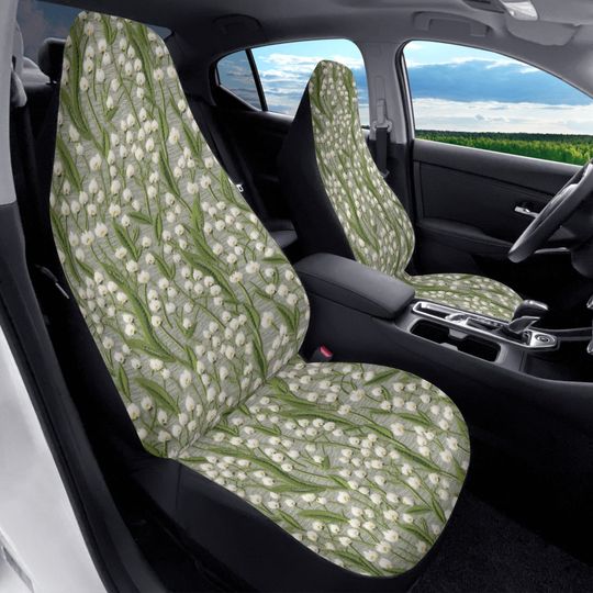 Lily of the Valley Car Seat Cover Set Cottagecore, Sage Green Car Decor, Faux Embroidery Floral