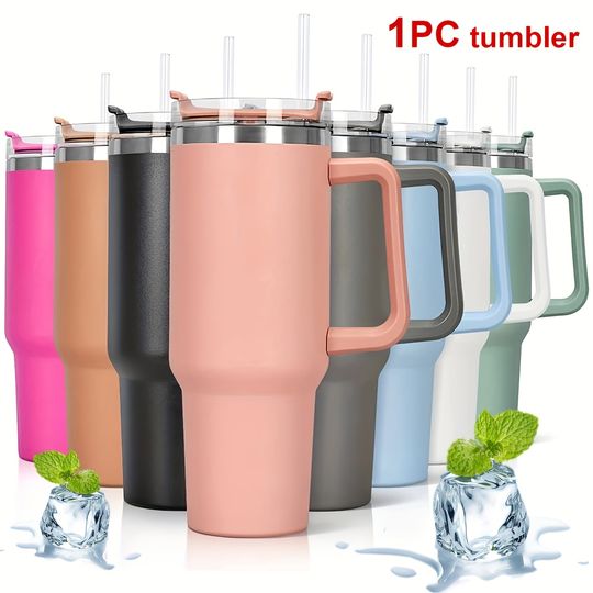 Discover 1Pc Insulated Reusable Double Wall Tumbler with Handle and Straw Lid, Stainless Steel Water Bottle, Travel Mug, 40 OZ