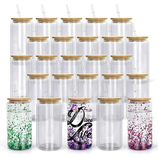 Discover 25Pcs Double Wall Glass Tumbler 16 OZ Sublimation Glass Blanks with Bamboo Lid Straw Pre Drilled Borosilicate Glass Cups for DI