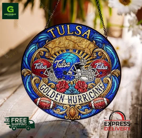 Tulsa Golden Hurricane Football Stained Glass Suncatcher Window Hanging Decor