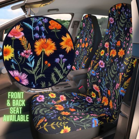 Discover Midnight Wildflowers Car Seat Cover, Boho Floral Cottagecore Decor Accessories for Vehicle, Faux Embroidery