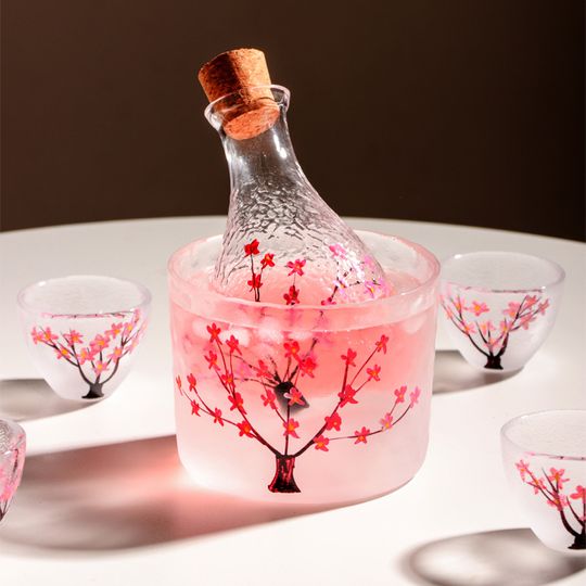 Discover Japanese Hand-painted Plum Blossom Sake Pot Heat-resistant Glass Set for Home Fruit Wine Winter and Summer Sake Cups