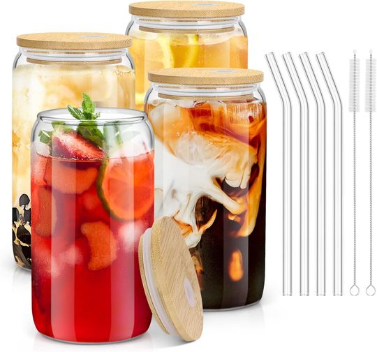 Discover 4Pcs 18.6Oz/550Ml Drinking Glasses with Bamboo Lids and Glass Straws, Glass Cups, Iced Coffee Glasses, Cute Iced Tea Glasses, Beer Glasses