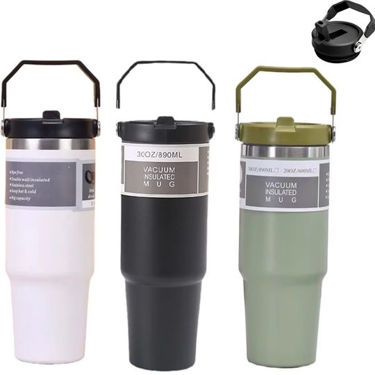 Discover 30 Oz Stainless Steel Thermos Mug Tritan Material Double Layer Vacuum Insulation Tape Handle, Perfect for Iced and Hot Drinks