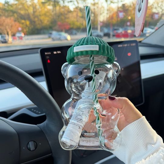 Discover 500ML Cartoon Bear Shaped Coffee Mug Cute Bear Glass Cup with Straw Transparent Creative Milk Water Cups for Home & Kitchen