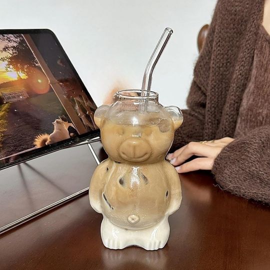 Discover 320ML Creative Cute Bear Coffee Mug  with Straw Transparent Cup Beer Milk Coffee Water Cups Wholesale Glass Drinkware Mug Set