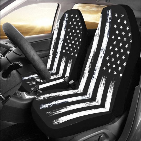 Discover USA America Flag Car Seat Covers 2 pc, US Distressed Black White Patriotic American Front Auto Car SUV Protector Accessory Decoration