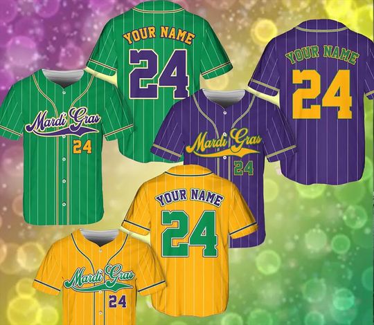 Discover Personalized Mardi Gras Baseball Jersey, Custom Name Number Baseball Jersey, Mardi Gras Carnival Jersey, Family Matching Shirt, Holidy Gift
