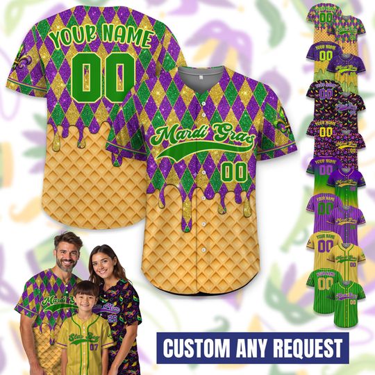 Discover Custom Name And Number Mardi Gras Baseball Jersey for Men Women Youth Kid, Personalized Mardi Gras Baseball Jersey, Gift For Family Matching