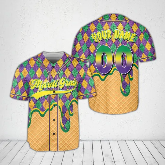 Personalized Donut Dripping Mardi Gras Louisiana Carnival Baseball Jersey Shirt