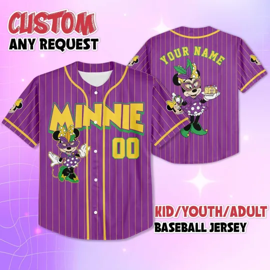 Discover Personalized Minnie Mouse Mardi Gras New Orleans Carnival Baseball Jersey Shirt
