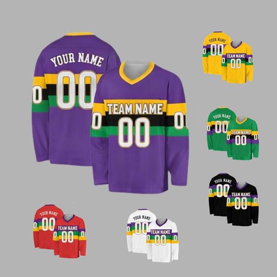 Discover Personalized Mardi Gras Hockey Jersey, Custom Name Hockey Uniform, Fat Tuesday Outfit for Hockey Fans