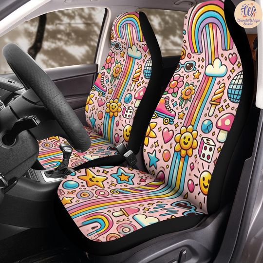 Discover Playful Retro Cartoon Car Seat Covers (2Pcs): Floral Polar Fleece Protector Set