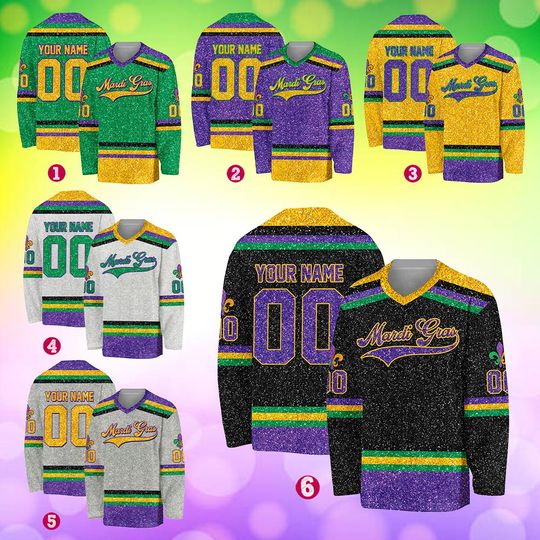 Personalized Faux Glitter Mardi Gras Hockey Jersey, Custom Name Mardi Gras Jersey, Hockey Jersey Uniform For Hockey Fans, Mardi Gras Outfit