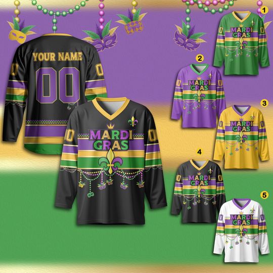 Discover Custom Name Mardi Gras Hockey Jersey, Personalized Mardi Gras Hockey Jersey for Adult, Hockey Team Jersey for Fans, Mardi Gras Outfit