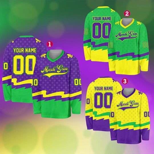 Discover Personalized Mardi Gras Hockey Jersey, Custom Name Mardi Gras Hockey Jersey, Hockey Jersey Uniform For Hockey Fans, Mardi Gras Outfit
