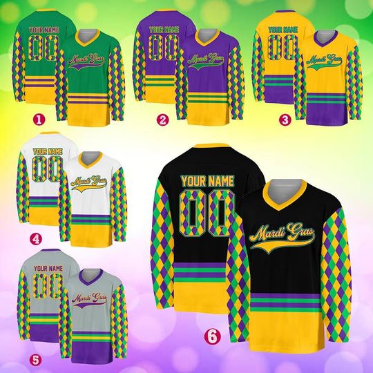 Discover Personalized Mardi Gras Hockey Jersey, Custom Name Mardi Gras Hockey Jersey, Hockey Jersey Uniform For Hockey Fans, Mardi Gras Outfit