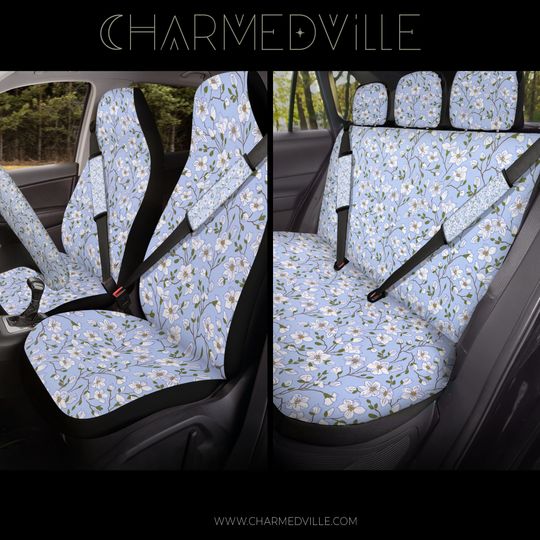 Discover Car Seat Covers, for vehicle full set, blue floral carseat accessory, boho vintage daisy flower truck/suv/ev accesories, cute gift for women