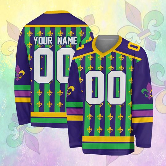 Discover Personalized Mardi Gras Hockey Jersey, Custom Name Number Hockey Shirt, Mardi Gras Shirt, Carnival Hockey Shirt, Parade Team Jersey