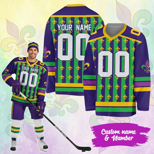 Personalized Mardi Gras Hockey Jersey, Custom Name Mardi Gras Hockey Jersey, Hockey Jersey Uniform For Hockey Fans, Mardi Gras Outfit