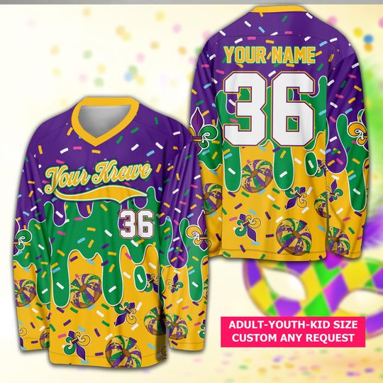 Personalized Name Mardi Gras Drip Hockey Jersey, Custom Sprinkles Ice Cream Fleur De Lis Hockey Shirt, Mardi Gras Carnival Outfit For Krewes