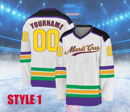 Discover Personalized Mardi Gras Hockey Jersey, Custom Name & Number Ice Hockey Shirt, Carnival Purple Green Gold Fan Gift