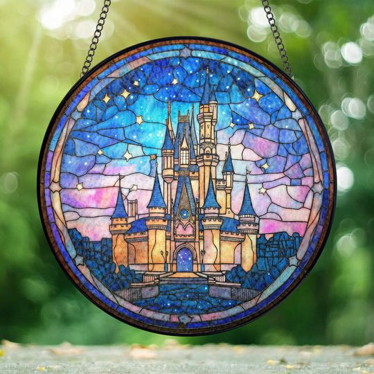 Discover Disneyland Castle Stained Glass Suncatcher, Magic Kingdom Suncatcher, Disney Fan Window Decor Magical Kingdom, Window Gifts Suncatcher