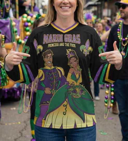 Discover Custom Mardi Gras Princess and the Frog Black Hockey Jersey, Personalized Disney Family Shirt, Custom Name Number Outfit, Fat Tuesday