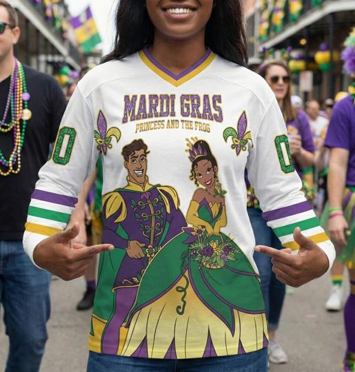 Discover Custom Mardi Gras Princess and the Frog White Hockey Jersey, Personalized Disney Family Shirt, Custom Name Number Outfit, Fat Tuesday