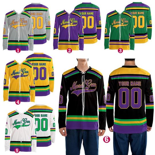 Discover Custom Mardi Gras Hockey Jersey Lace Neck Long Sleeve, Personalized Name Number Jersey, Carnival New Orleans Jersey