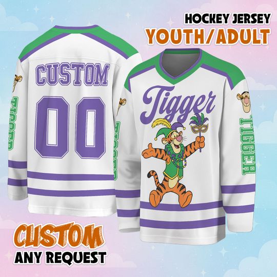 Discover Custom Tigger Mardi Gras Hockey Jersey, Personalize Winnie the Pooh Disney Shirt, Disneyland Vacation Tee, Birthday Gift for Fans