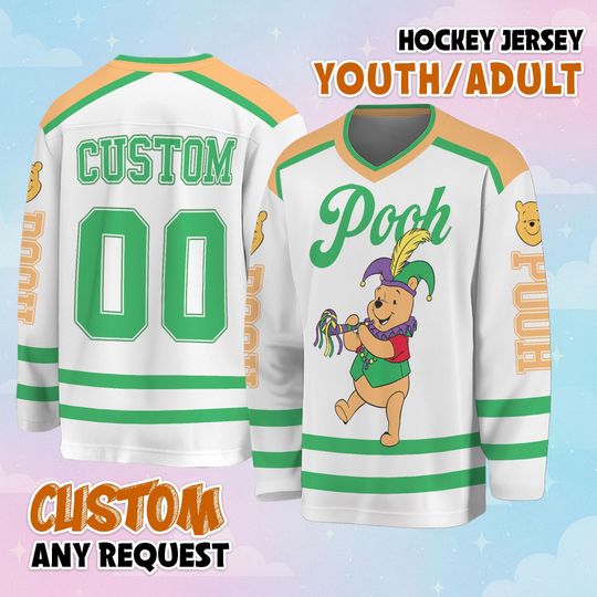 Custom Pooh Mardi Gras Hockey Jersey, Personalized Winnie the Pooh Hockey Jersey, Disney Hockey Shirt