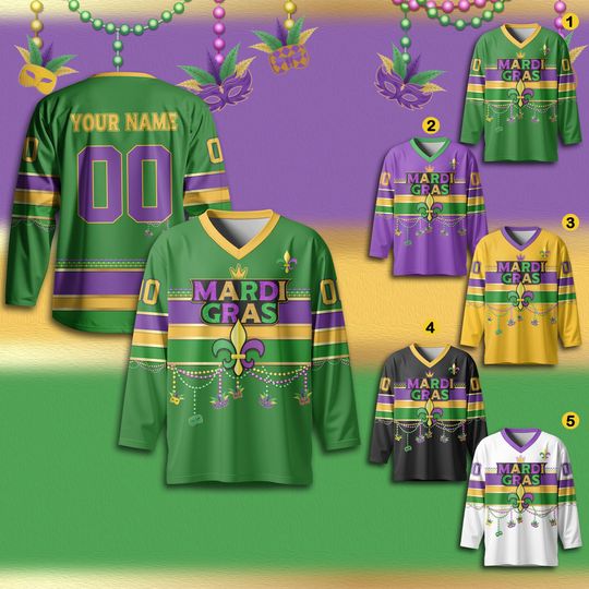 Discover Personalized Mardi Gras Hockey Jersey for Adult, Custom Name Mardi Gras Hockey Jersey, Hockey Team Jersey for Fans, Mardi Gras Outfit
