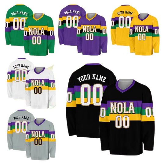 Discover Personalized Mardi Gras Hockey Jersey, Custom Name Mardi Gras Hockey Jersey, Hockey Jersey Uniform For Hockey Fans, Mardi Gras Outfit