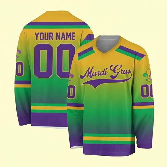 Personalized Mardi Gras Hockey Jersey, Custom Name Mardi Gras Jersey  Shirt, Hockey Jersey Uniform For Hockey Fans, Mardi Gras Outfit