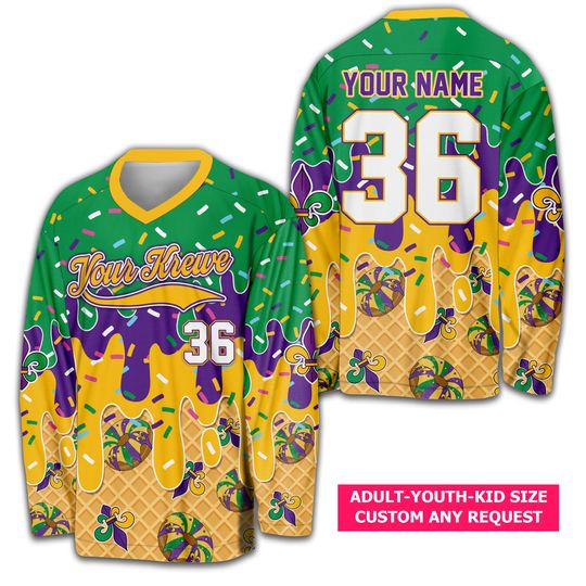 Discover Personalized Name Mardi Gras Drip Hockey Jersey, Custom Sprinkles Ice Cream Fleur De Lis Hockey Shirt, Mardi Gras Carnival Outfit For Krewes