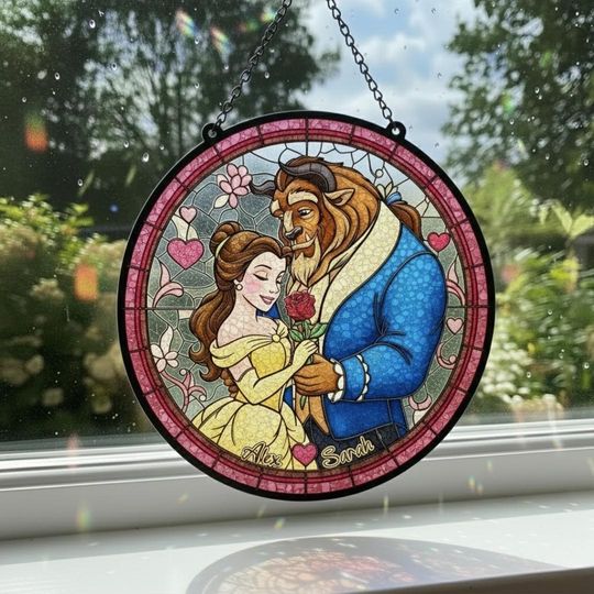 Discover Personalized Beauty and The Beast Stained Glass Suncatcher, Belle Princess Window Hanging, Custom Disney Couple Suncatcher, Valenine Gift