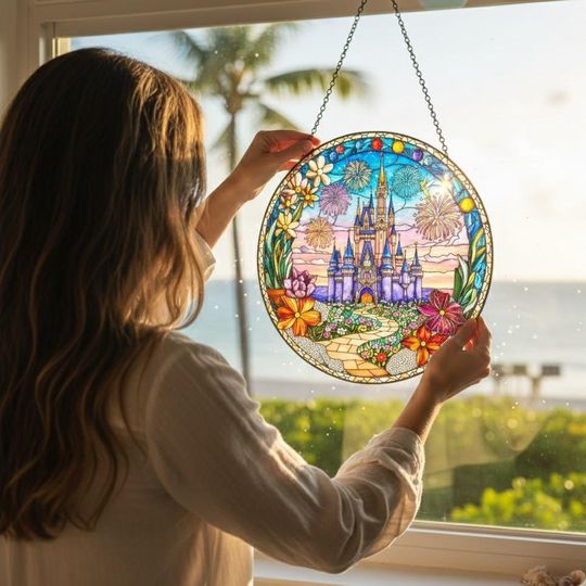 Discover Disney Castle Stained Glass Suncatcher, Disneyland Suncatcher, Magic Kingdom Suncatcher, Disney Fan Gift, Disney Castle Window Hanging