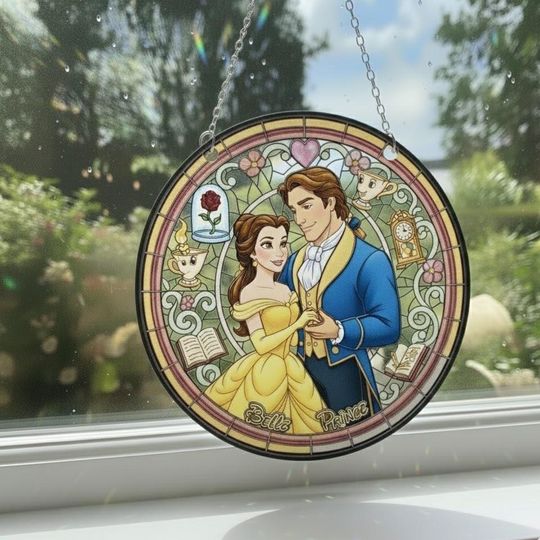 Discover Personalized Beauty and The Beast Stained Glass Suncatcher Ornament, Custom Couple Name Disney Suncatcher, Belle Princess Window Hanging